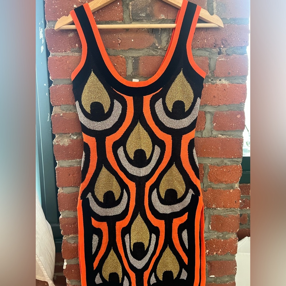 H&M x Rabanne collaboration Vibrant Orange and Black patterened Mini Dress